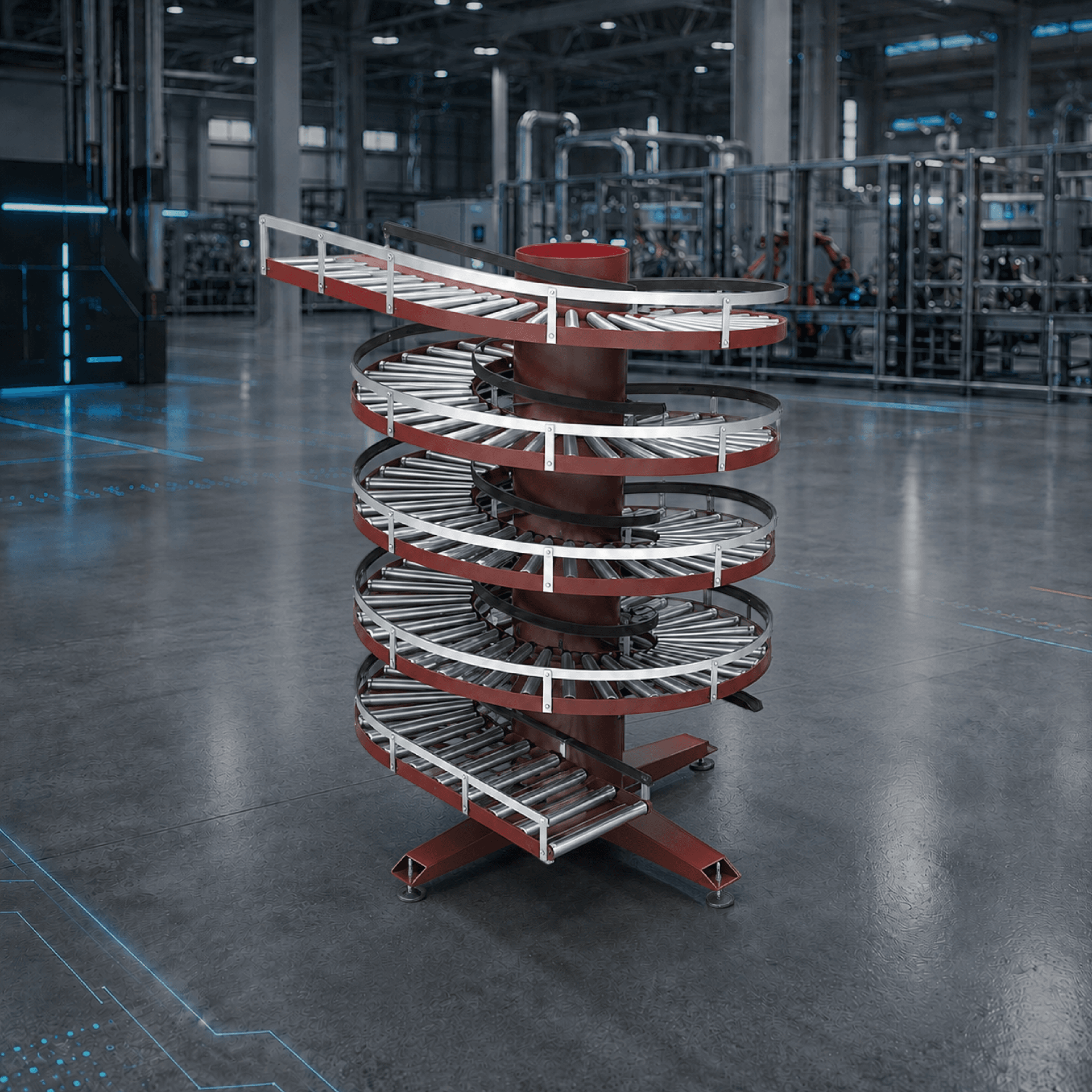 Gravity roller spiral conveyor